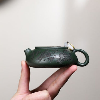 Full Handmade Tea Pot Floral Carved Real Yixing Zisha Green Clay Master Pot New