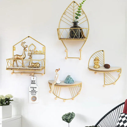 Wall Display Stands Iron+Wood Golden Home Hanging Decorations Storage Rack Hook