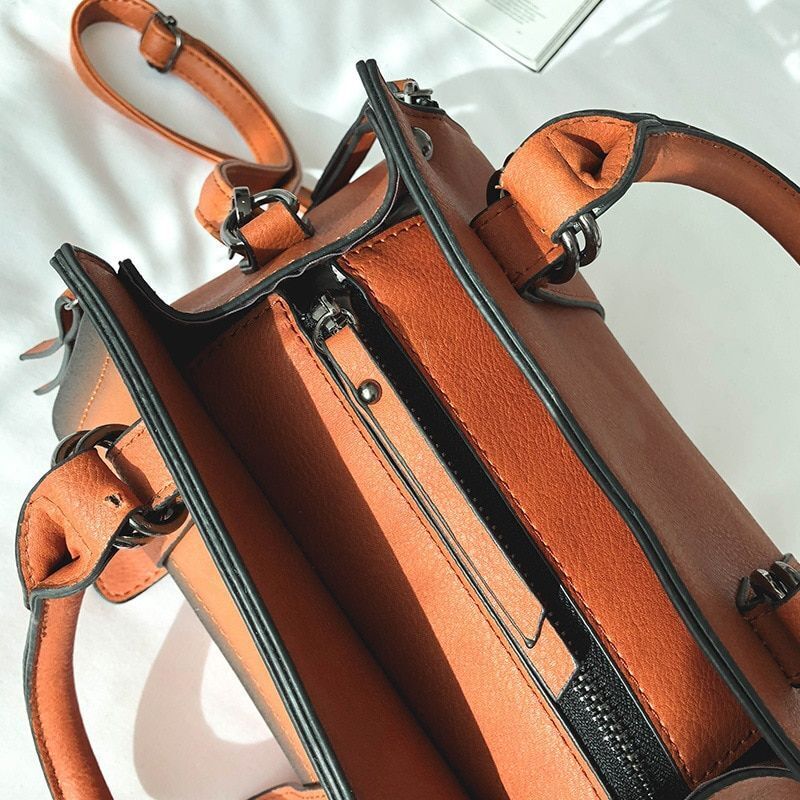 Large Single Shoulder Leather Handbag Double Belt Buckle Crossbody Bag Polyester