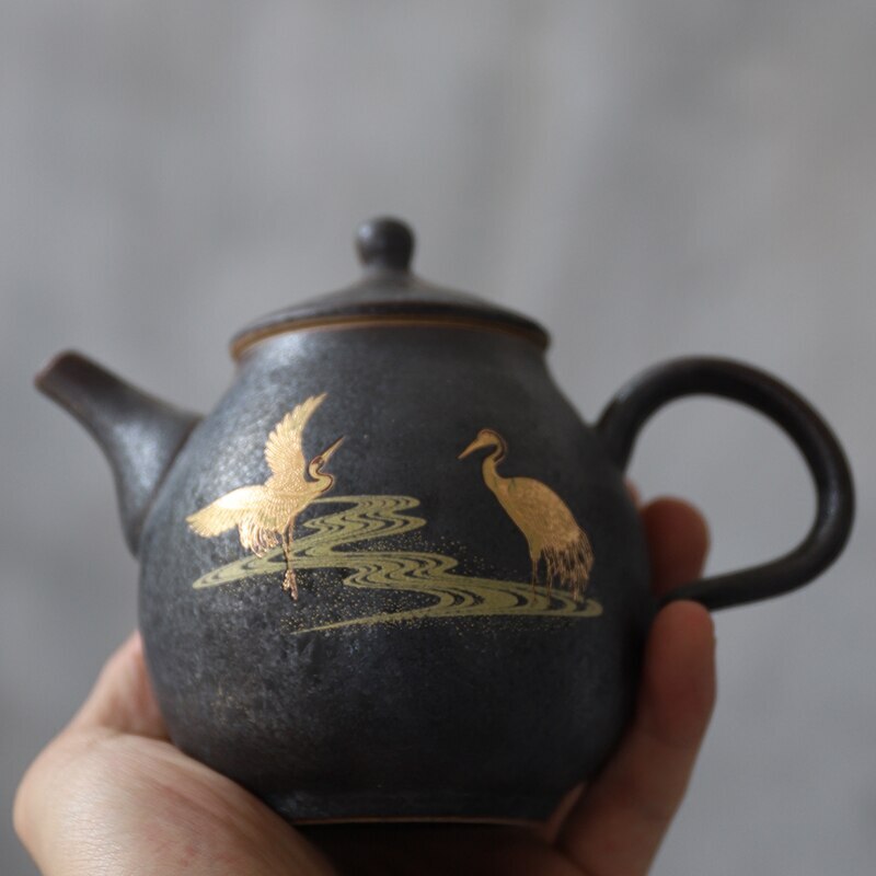 210ml Chinese Kung Fu Tea Pots Retro Gold Painting Ceramic Teapot Flying Crane