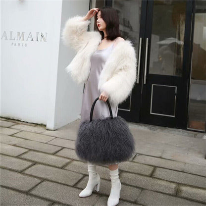 Women Real Mongolian Sheep Fur Handbags Ladies Casual Fluffy Fur Tote Bags