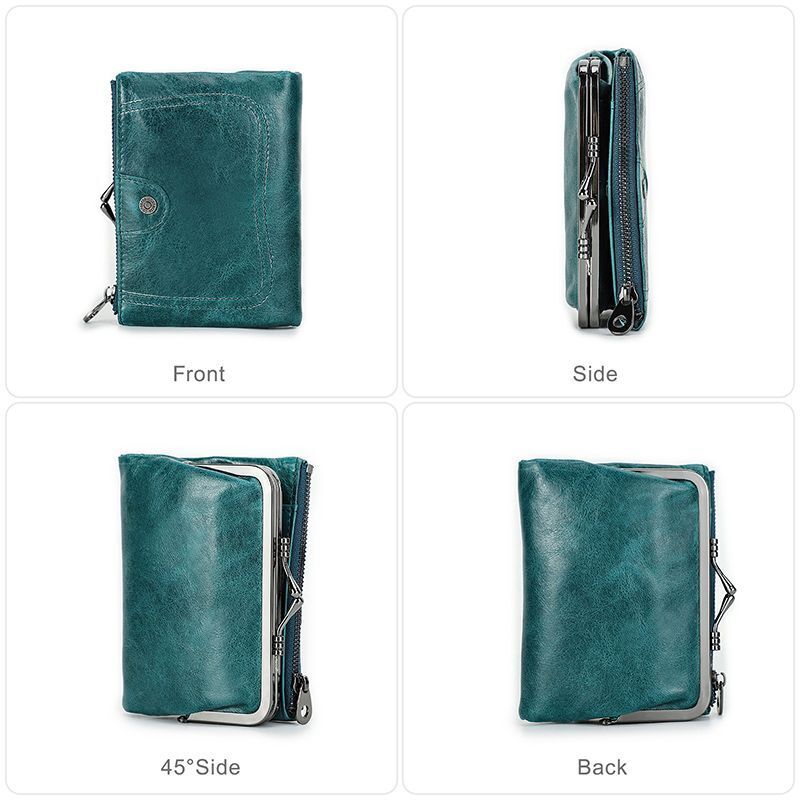 Small Metal Frame Purse Genuine Leather Wallet Hasp Zipper Coins Cards Holder