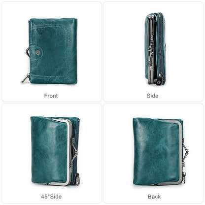 Small Metal Frame Purse Genuine Leather Wallet Hasp Zipper Coins Cards Holder