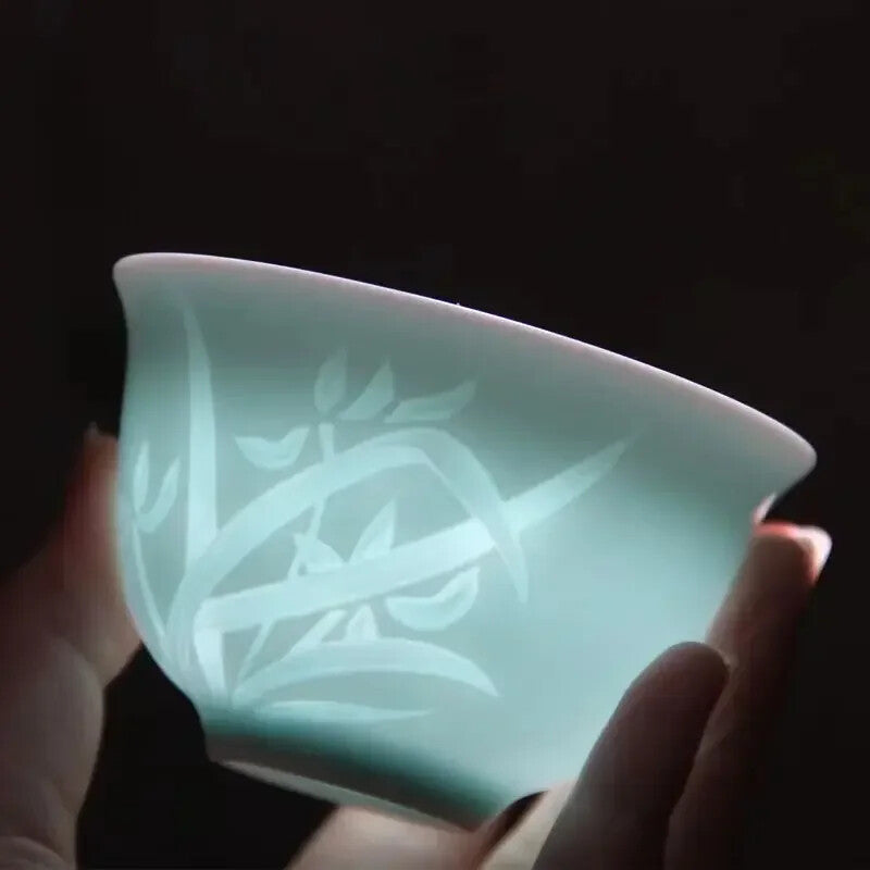 New China Kungfu Teacups Green/Azure Plum Bamboo Celadon Pu'er Master Tea Cup