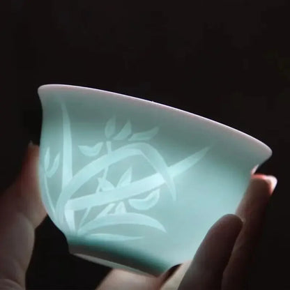 New China Kungfu Teacups Green/Azure Plum Bamboo Celadon Pu'er Master Tea Cup