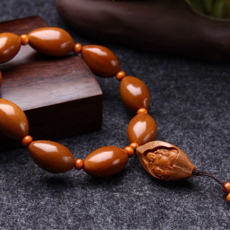 Natural Olive Pit Hand String Handcarved Maitreya Buddha Bracelet Amulet Bangle