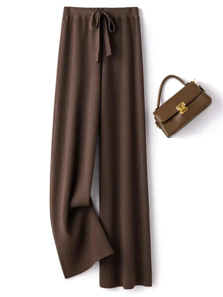 Women Pants Autumn Winter Wide Leg Pants Casual Drawstring Straight Wool Pants