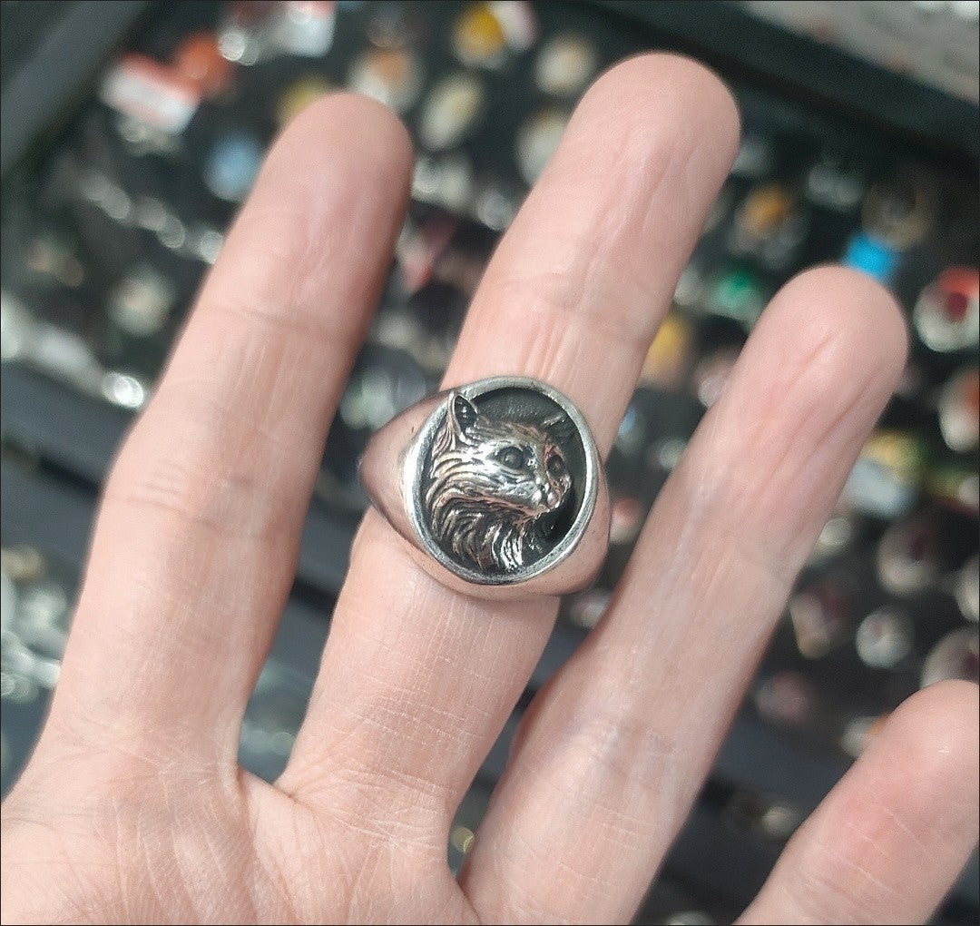 Vintage Cat Relief Ring Adjustable Open Silver Plated Pet Jewelry