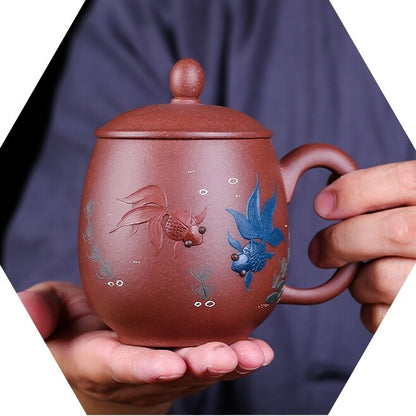 one cup with lid handle real yixing zisha mug handmade golden fish relief 280ml