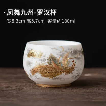 Sheep Fat Jade Porcelain Tea Set Cup Dragon and Phoenix Pairs Cup Tea Set