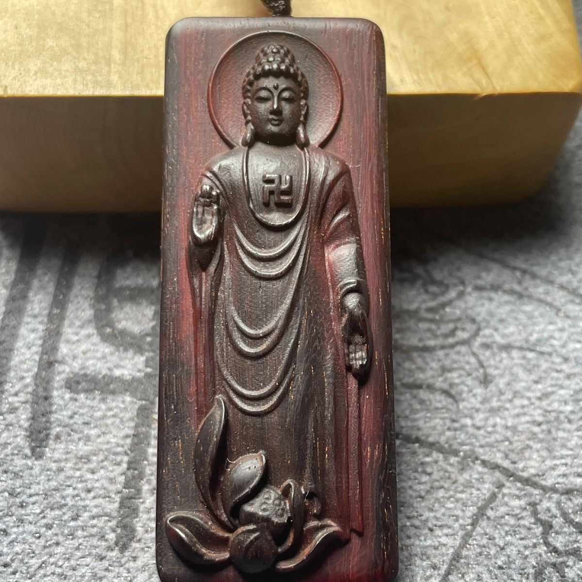 Red Sandalwood Sakyamuni Pendant 0.98×2.36in Peace Plaque Handmade Carving