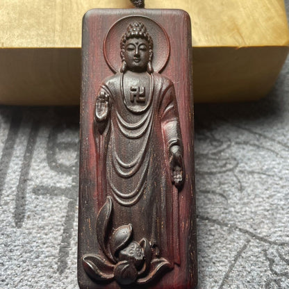 Red Sandalwood Sakyamuni Pendant 0.98×2.36in Peace Plaque Handmade Carving