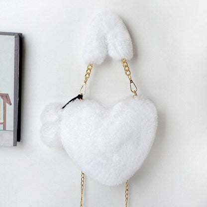 Faux Fur Winter Handbag Heart Shape Shoulder Bag Clutch Purse Chain Velvet Pouch