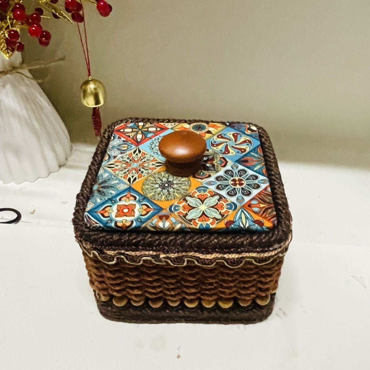 Handwoven Hemp Rope Jewelry Box Vintage Boho Tassel Storage 14×9cm
