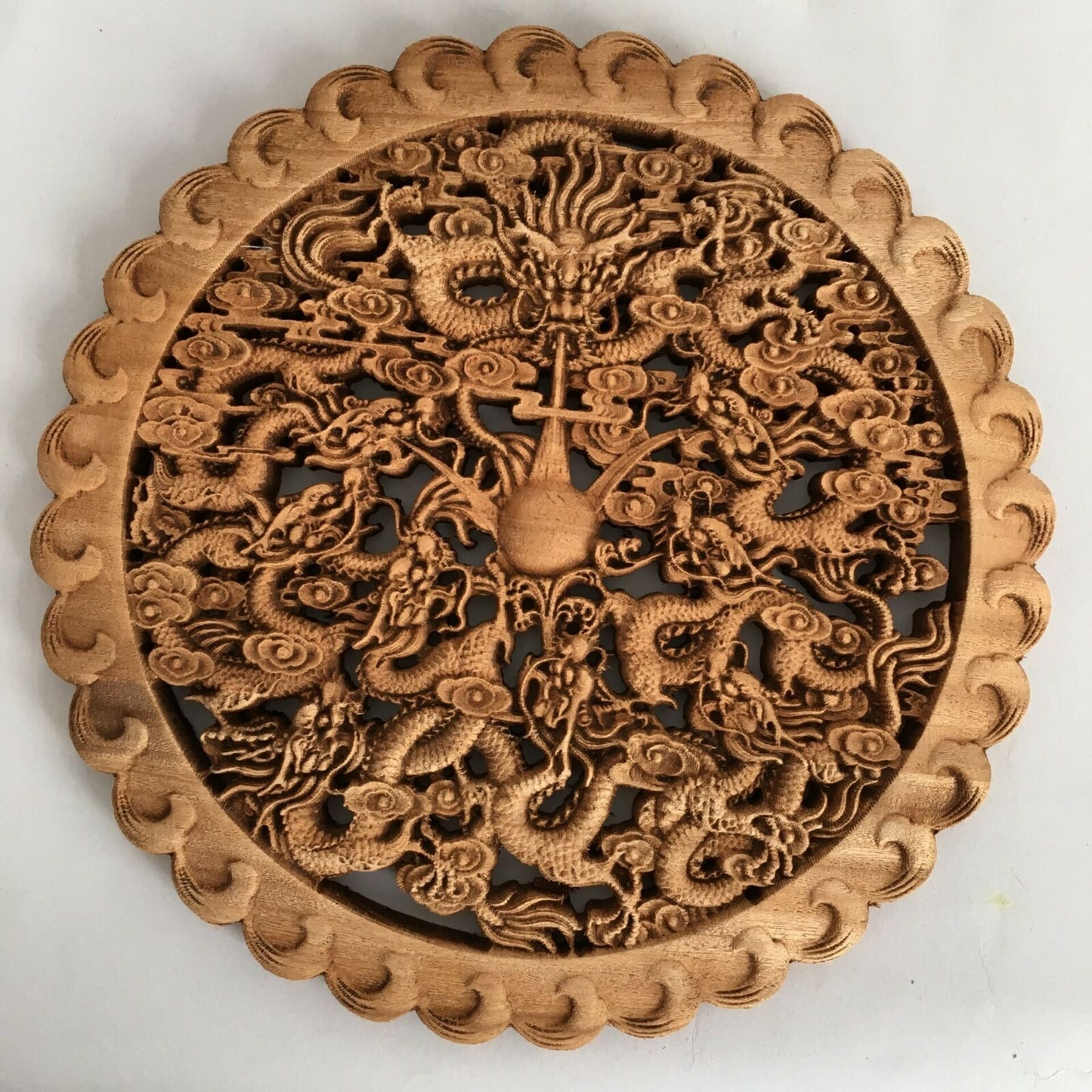 Hand Carved Camphor Wood Round Plate Wall Sculpture Dragon Statue