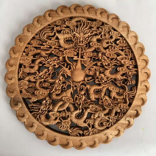 Hand Carved Camphor Wood Round Plate Wall Sculpture Dragon Statue