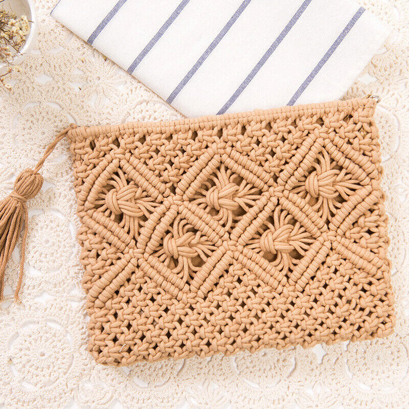 Boho Woven Handbag Women Summer Beach Cotton Tassel Bag Rattan Shoulder Ladies