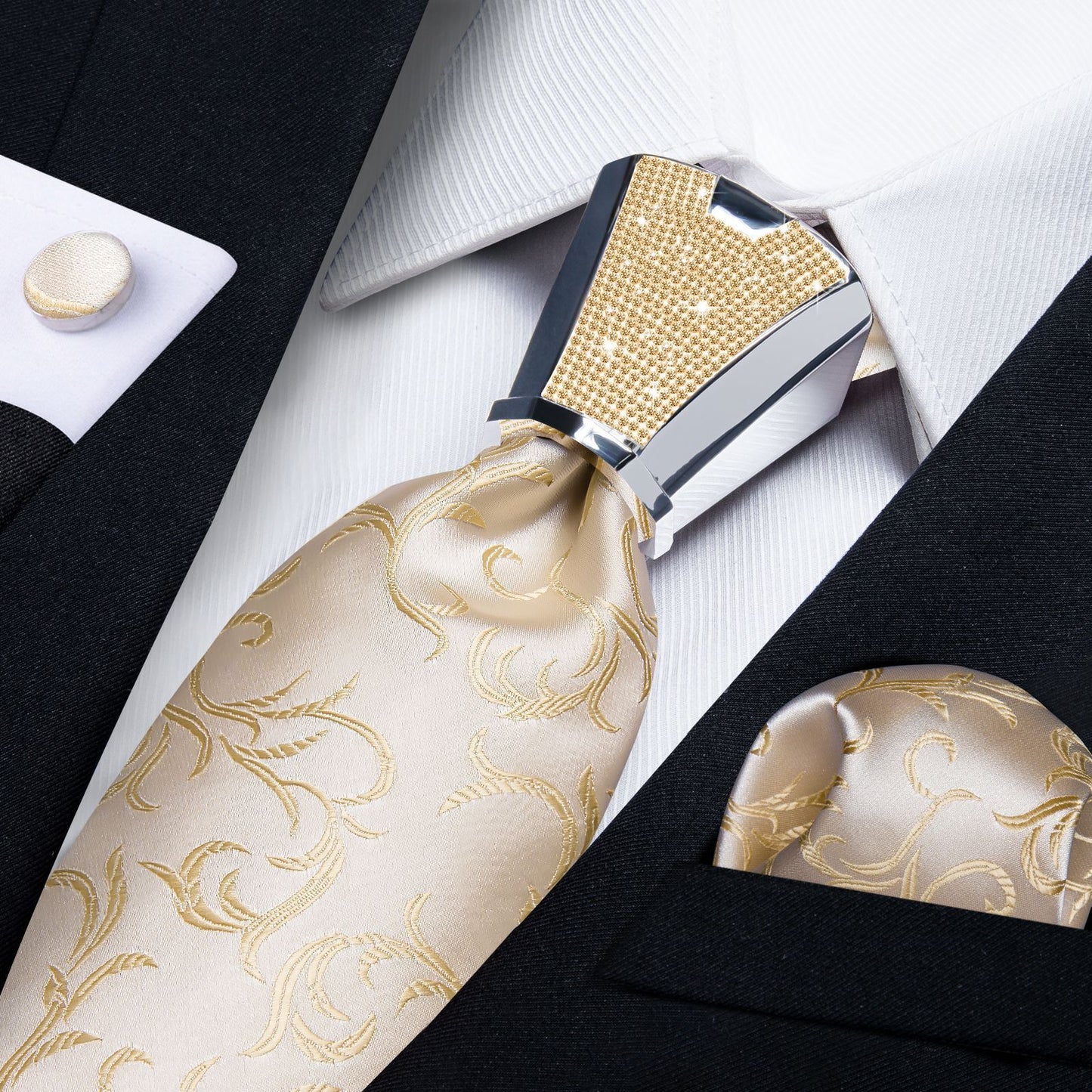 Men Necktie 3Pcs Luxury Striped Ties Cufflinks Pocket Square Wedding Accessories