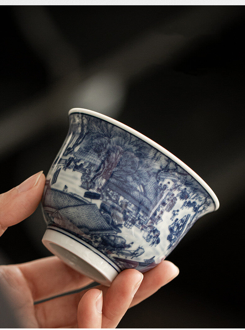 Chinese Ancinent Painting Blue and White Ceramic Solid Wine Mugs Tea Ceremony