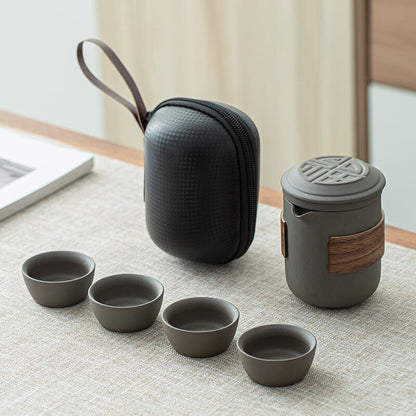 Kung Fu Tea Set Purple Clay One Pot Four Cups Portable Outdoor Travel Tea Set