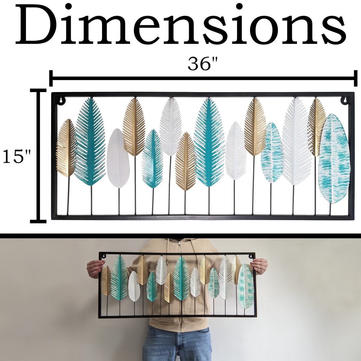 3-Foot Turquoise, Gold, & White Leaves Hanging Metal 3D Wall Decoration, 36"×15"