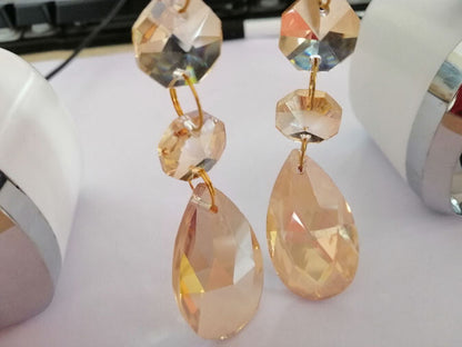 15Pcs 38mm Champagne Teardrop Chandelier Crystal Glass Lamp Prisms w/Golden Ring