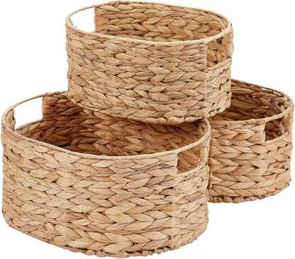 Woven Wicker Basket Storage Built-In Handles Rattan Shelves Organizer 3 Pcs