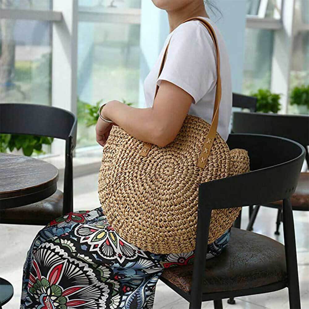 Women Boho Woven Handbag Summer Beach Tote Straw Bag Round Rattan Shoulder Bag