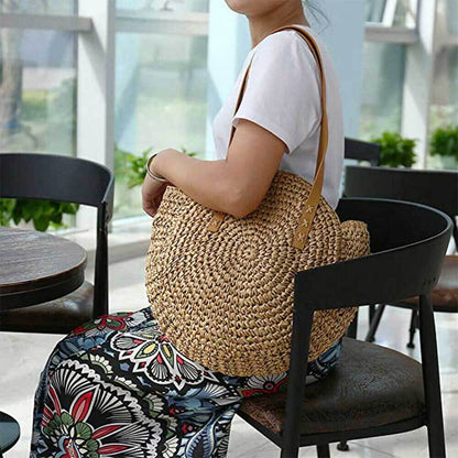 Women Boho Woven Handbag Summer Beach Tote Straw Bag Round Rattan Shoulder Bag