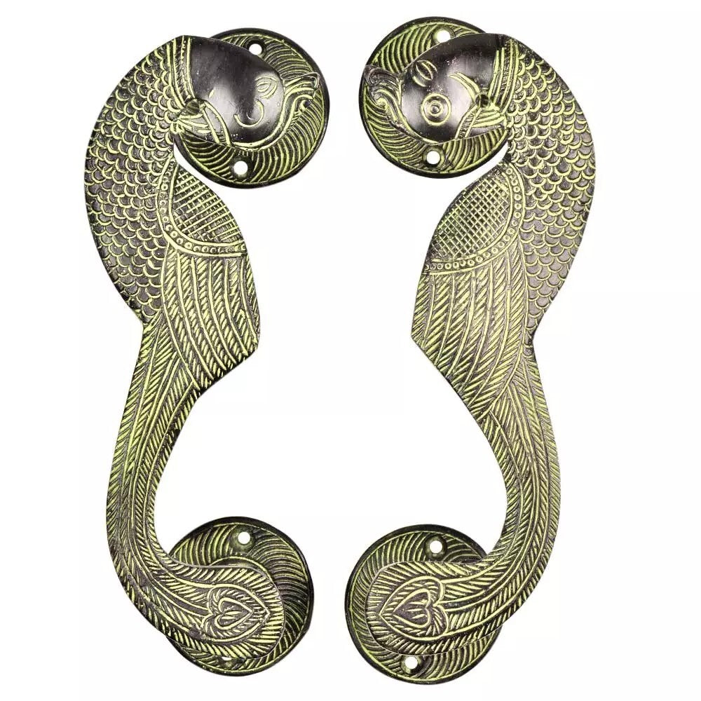 Set of 2 Antique Look Brass Decorative Patina Peacock Door Handle Home Decor