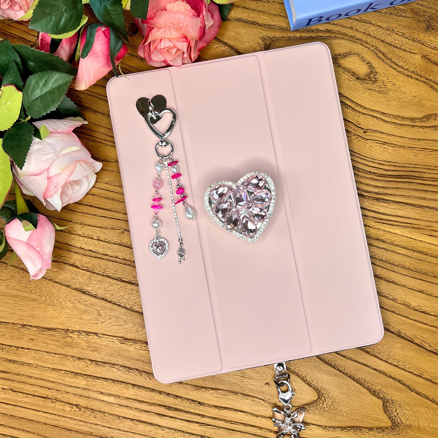 Cute Charms Set for Kindle,Including Y2K Style Heart Grip Holder, Pink Heart Cha