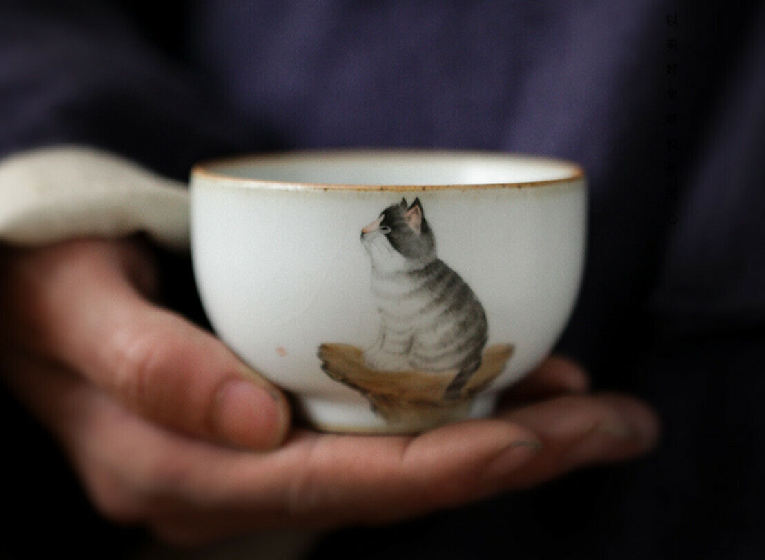 100cc China Song Dynasty Antique master tea cup ruyao cat ceramic cup