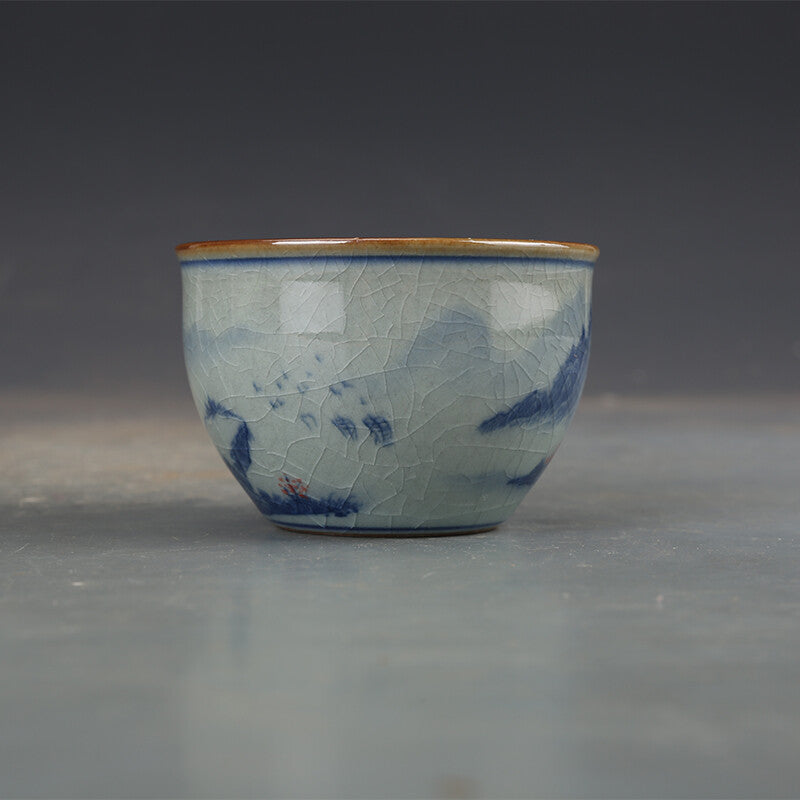 3.2" Chinese Jindezhen Blue-and-white Porcelain Mountain Water House Cup