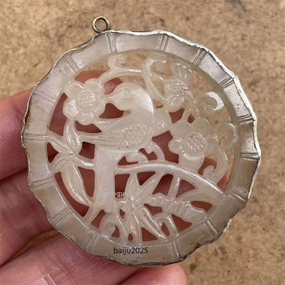 Chinese antique high-end jade carving with copper border necklace pendant