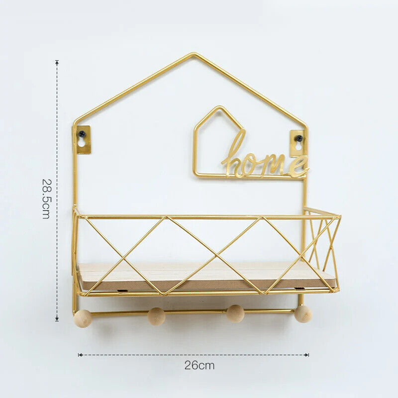 Wall Display Stands Iron+Wood Golden Home Hanging Decorations Storage Rack Hook