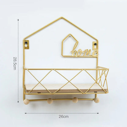 Wall Display Stands Iron+Wood Golden Home Hanging Decorations Storage Rack Hook