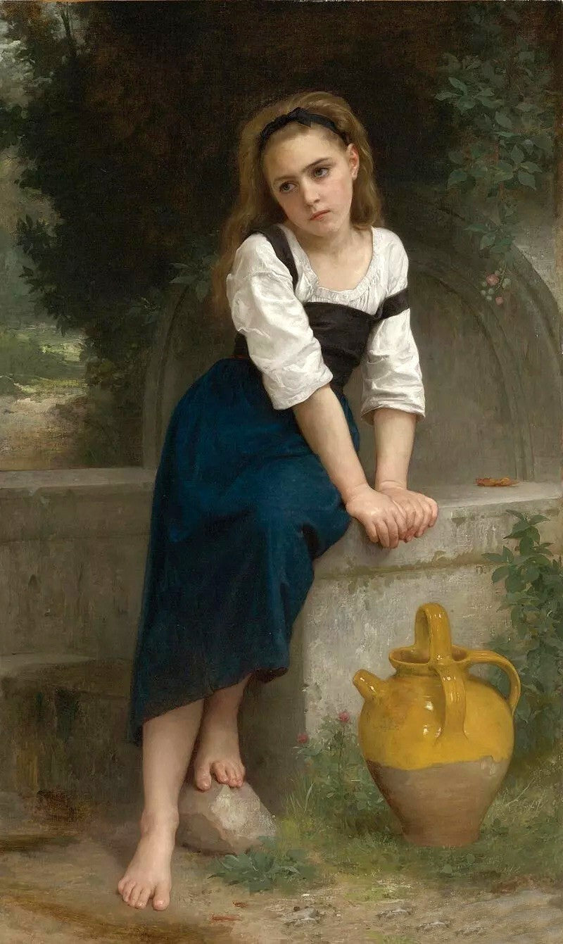 Oil painting young girl beauty Orphan by a Spring landscape with pot handmade