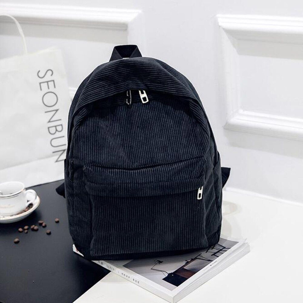 Corduroy Backpack School Travelling Shoulder Bag Softback Cotton Blue 25*12*36CM