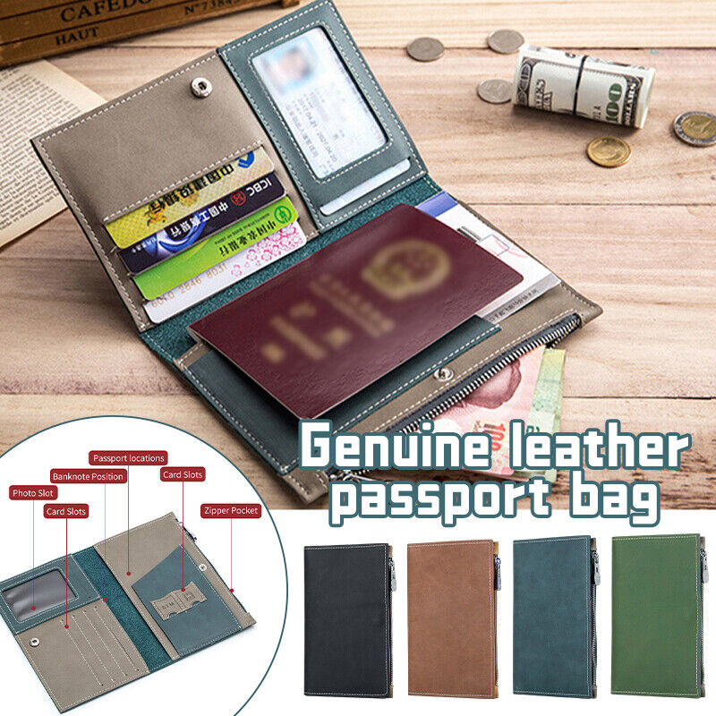 Genuine Leather Passport Bag Unisex Travel Wallet Zipper Ticket Clip And ID Bag