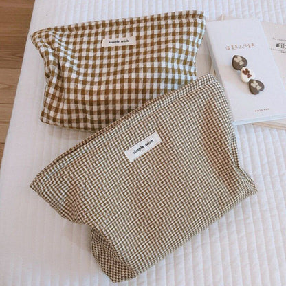 Makeup Cosmetic Bag Women Cotton Plaid Organizer Kit Beauty Brushes Storage Case