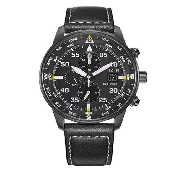 Men's Aviator Chronograph Black Dial Eco-drive Watch New Free Fast Shipping