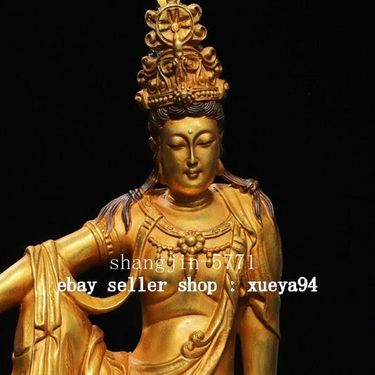 12" Old Chinese Bronze Gilt Buddhism Free Kwan-yin Guan Yin Goddess Statue