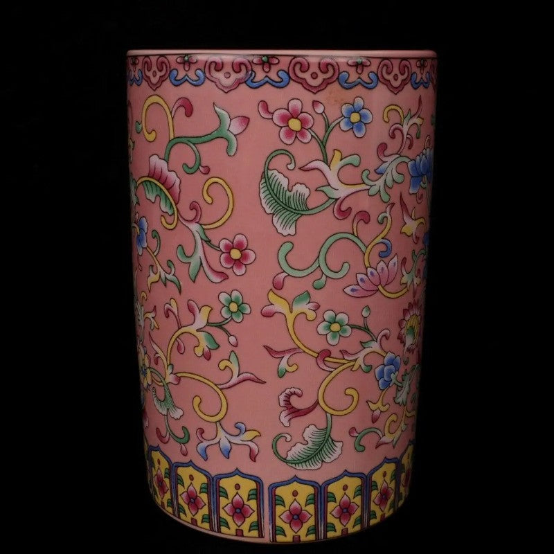 4.8" Chinese Famille Porcelain Colour Enamels Lotus Flower Brush Pot Pen Holder