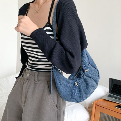 Wrinkled Denim Underarm Shoulder Bags Drawstring 28*14*6 CM Shopping Purse 1 PC