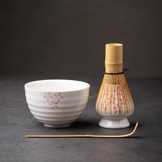 White Cherry Ceramic Matcha Set with Bamboo Whisk and Chasen Stand