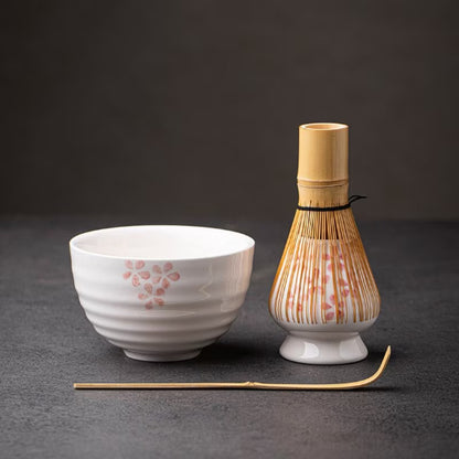 White Cherry Ceramic Matcha Set with Bamboo Whisk and Chasen Stand