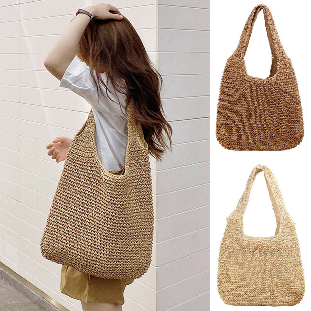 Women Woven Straw Shoulder Bag Large Summer Beach Bag Handbag Tote with Zipper#