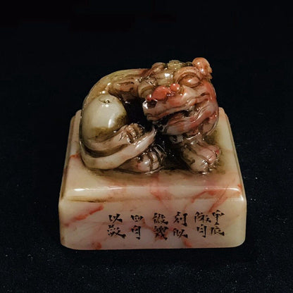 Antique Chinese Shoushan Stone Carving Beast Statues Seal Decoration Collectible