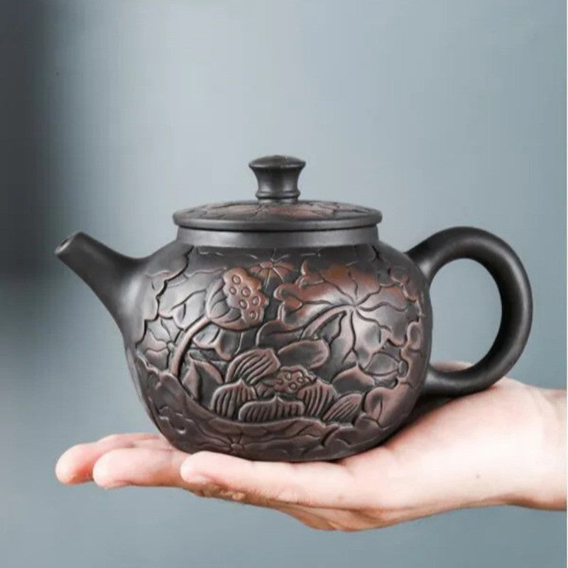 1pc Yixing Tea Pot Purple Clay Teapots Beauty Kettle Hand Carved Lotus Pot