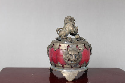 Old Chinese Tibet Feng Shui Jade Inlaid Silver Incense Burner